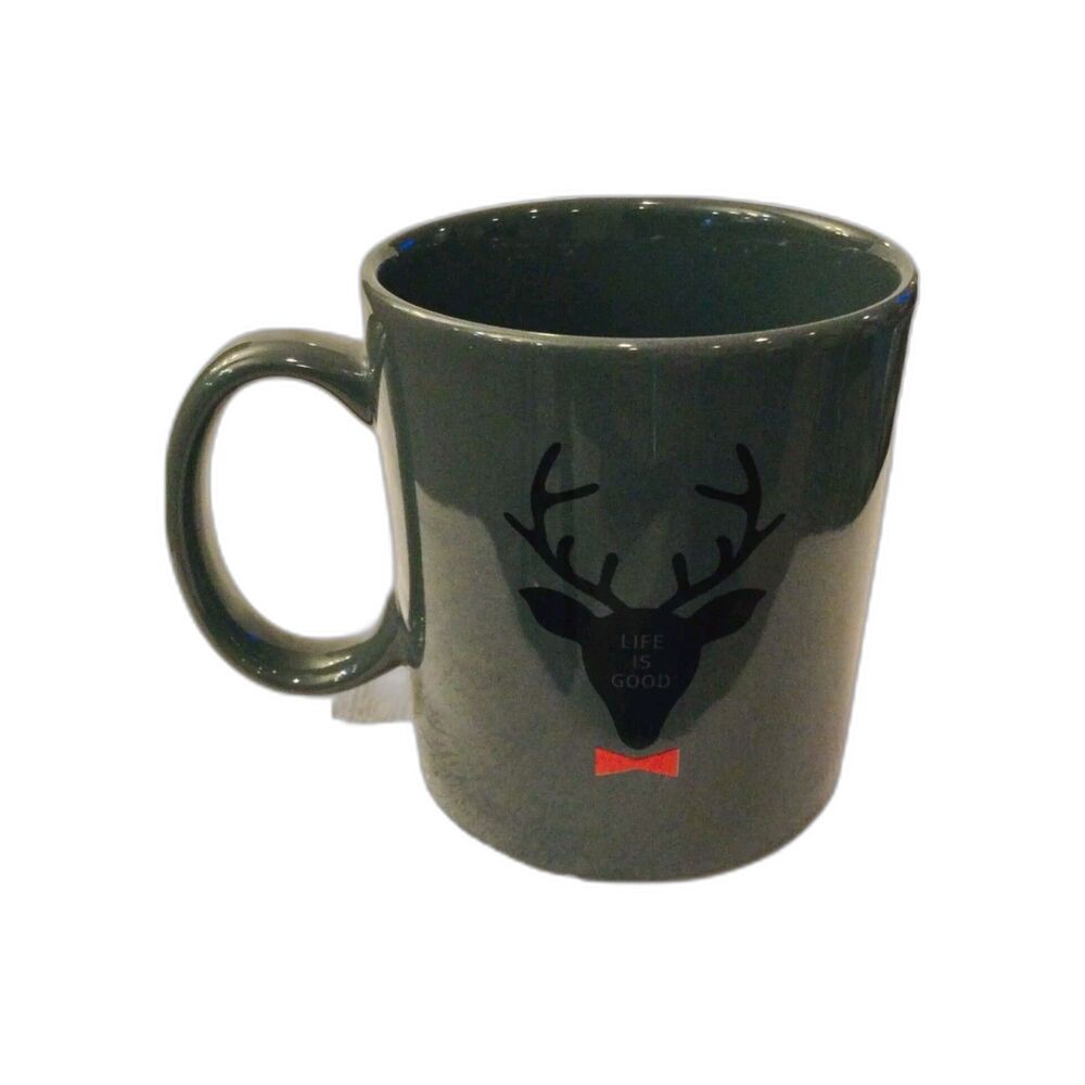 Life is Good Gray Christmas Reindeer Bow Tie Large Ceramic Porcelain Mug Cup